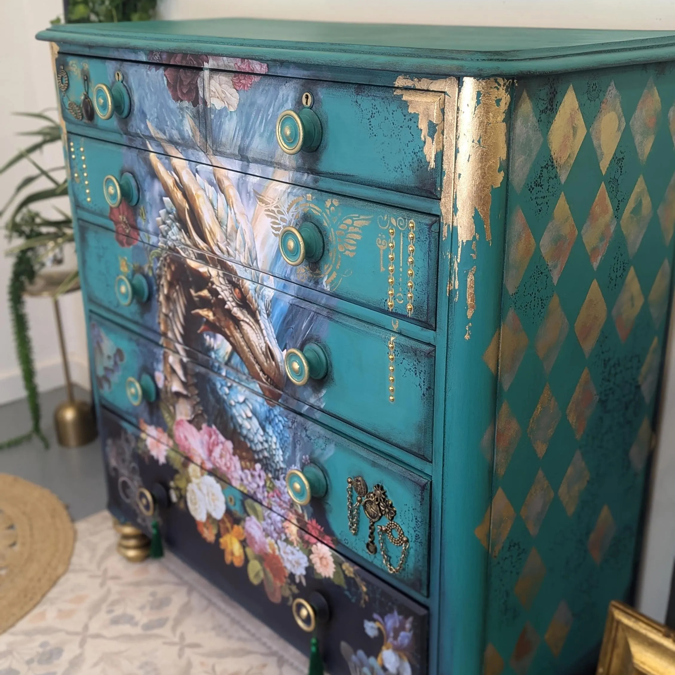 Fantasy Dragon Mythical Beast Hand-Painted Teal Floral Art Locker