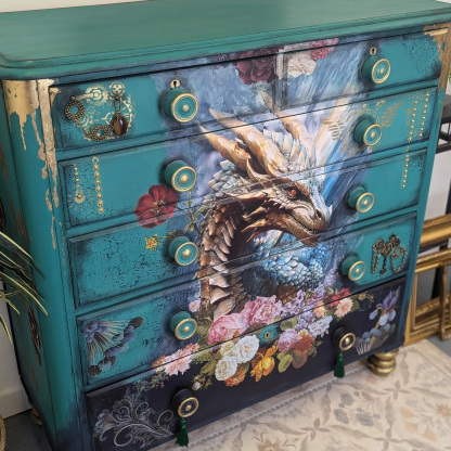 Fantasy Dragon Mythical Beast Hand-Painted Teal Floral Art Locker