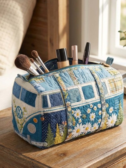 Hippie Van Flower Cotton Quilted Cosmetic Bag