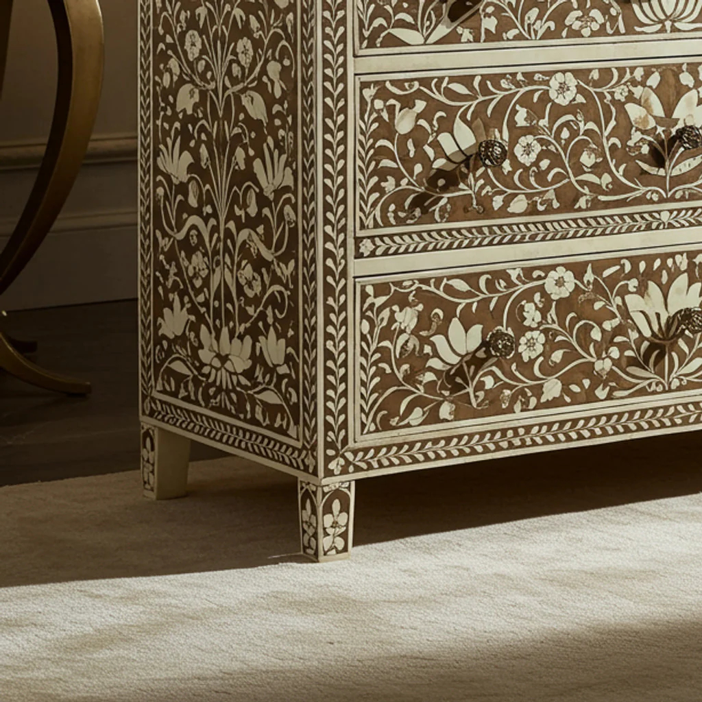 Handcrafted Floral Inlay Wooden Dresser | Luxury Handmade Chest of Drawer