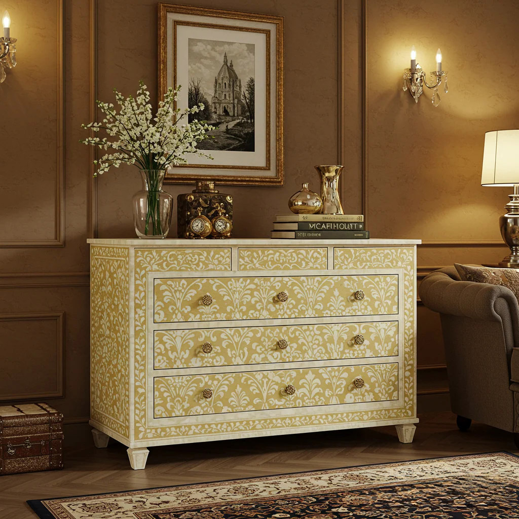 Elegant Vintage Style Chest of Drawers with Floral Pattern | Luxury Handmade Dresser
