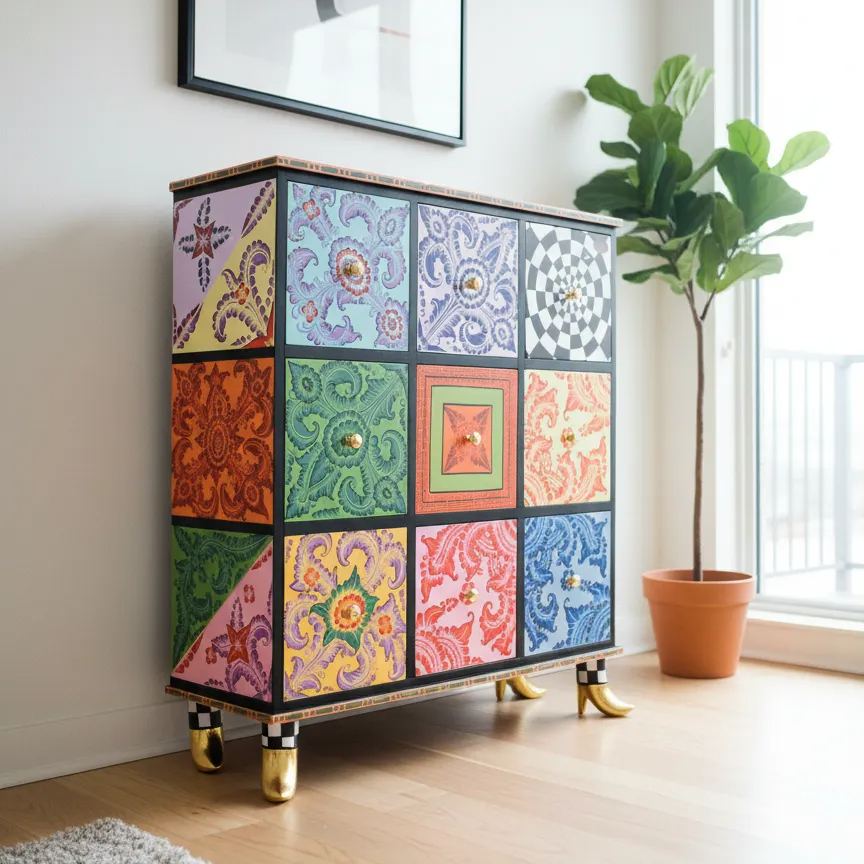 Eclectic Artistic Multi-Pattern Nine-Drawer Decorative Storage Accent Locker
