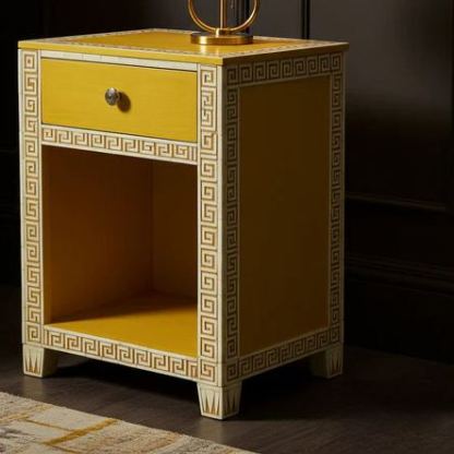 Yellow Wooden Side Table with Drawer and Greek Key Pattern | Luxury Handmade Bedside Table