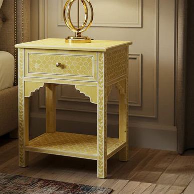 Yellow Patterned Wooden Bedside Table with Single Drawer | Luxury Handmade Bedside Table