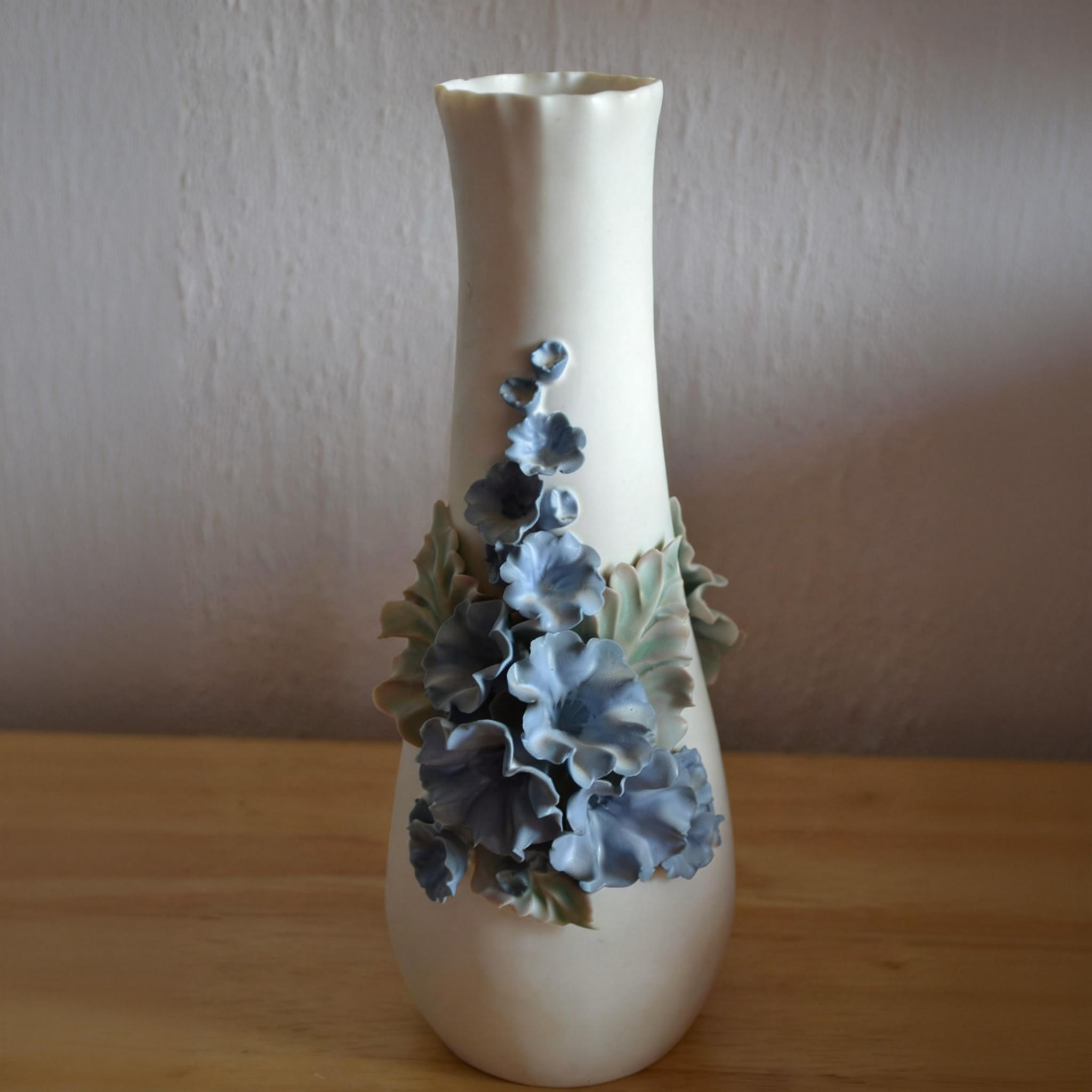 Azure Whisper: Hand-Sculpted Morning Glory Relief Vase 