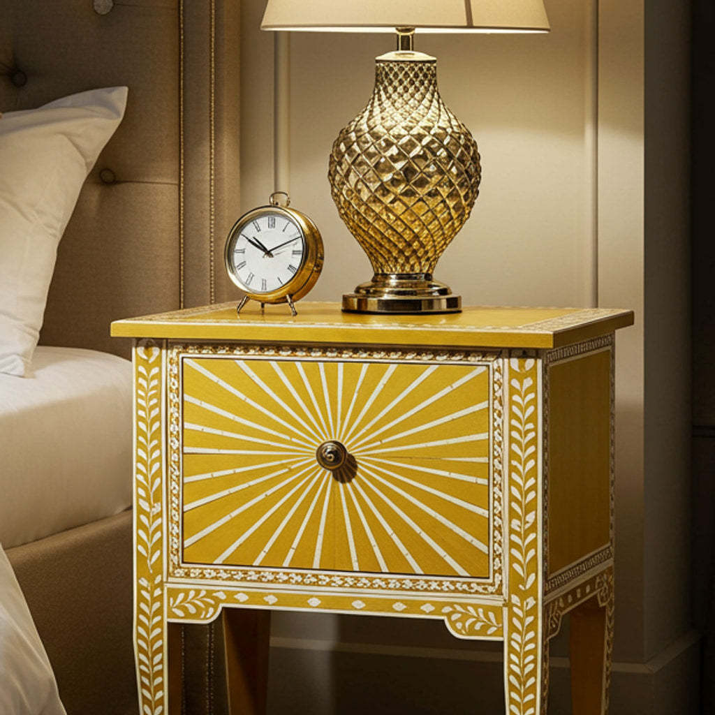 Vintage Yellow and White Hand-Painted Bedside Table | Luxury Handmade Bedside Table