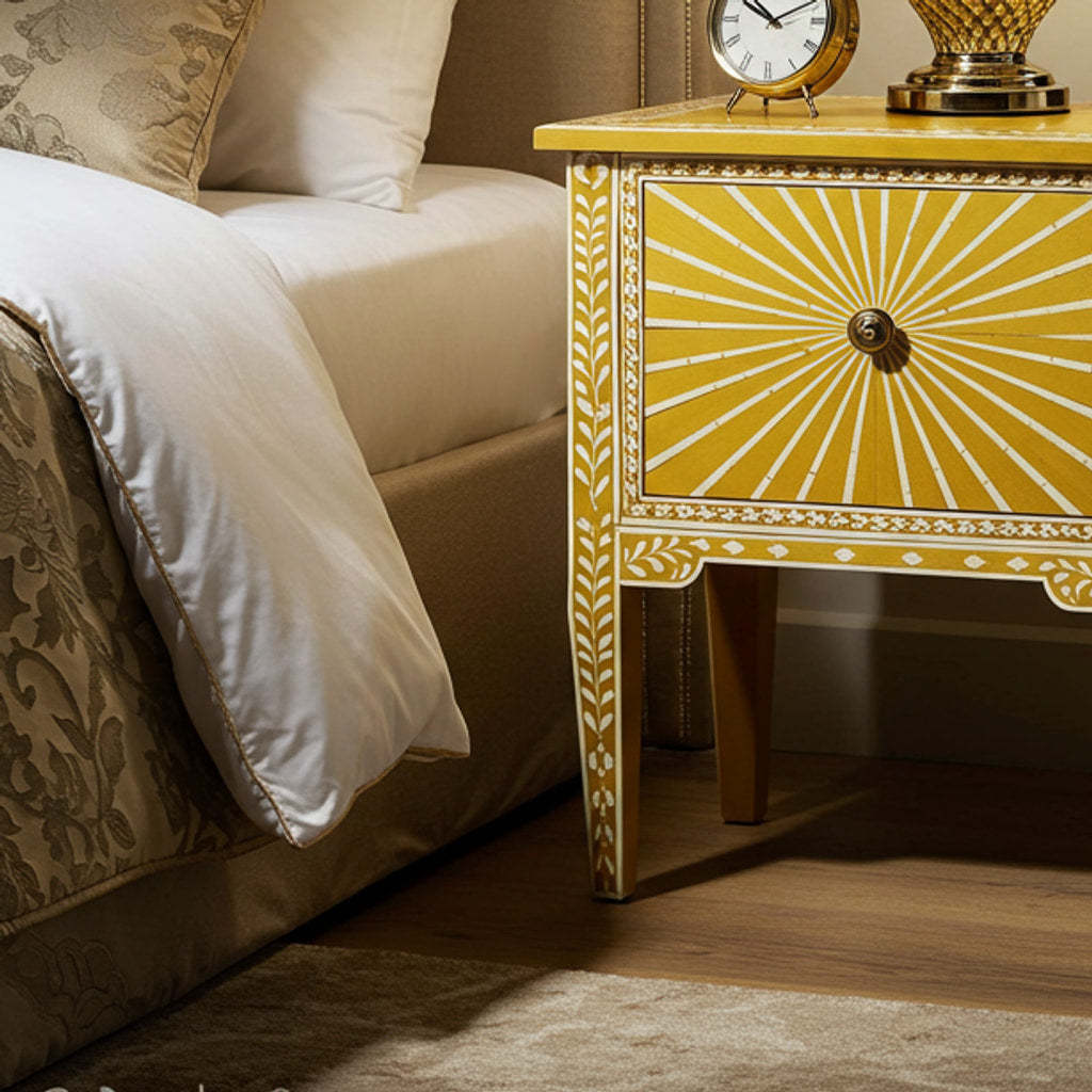 Vintage Yellow and White Hand-Painted Bedside Table | Luxury Handmade Bedside Table