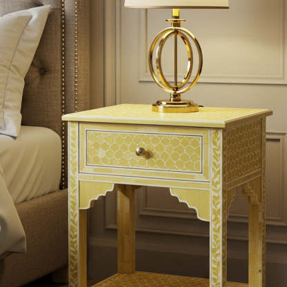 Yellow Patterned Wooden Bedside Table with Single Drawer | Luxury Handmade Bedside Table