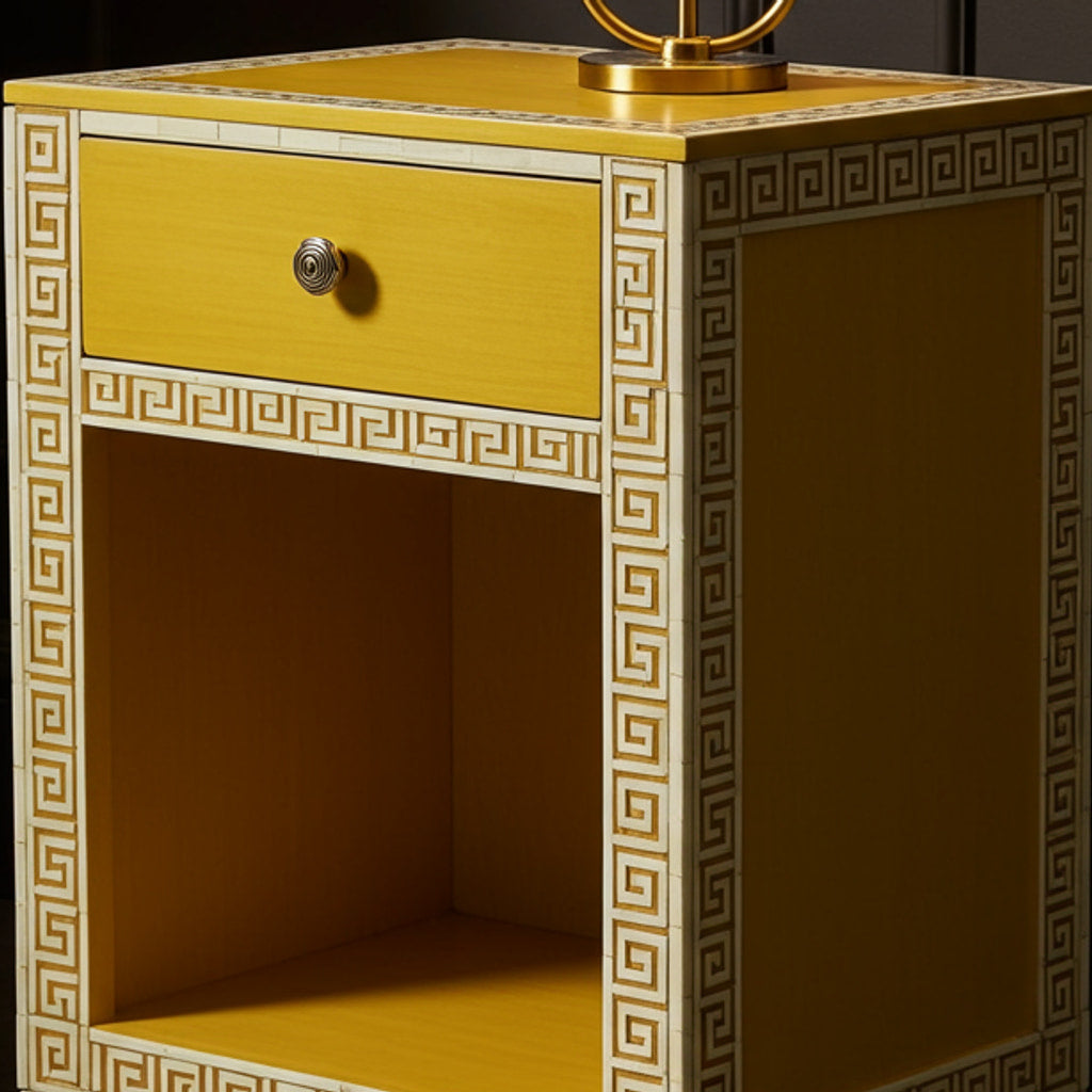 Yellow Wooden Side Table with Drawer and Greek Key Pattern | Luxury Handmade Bedside Table