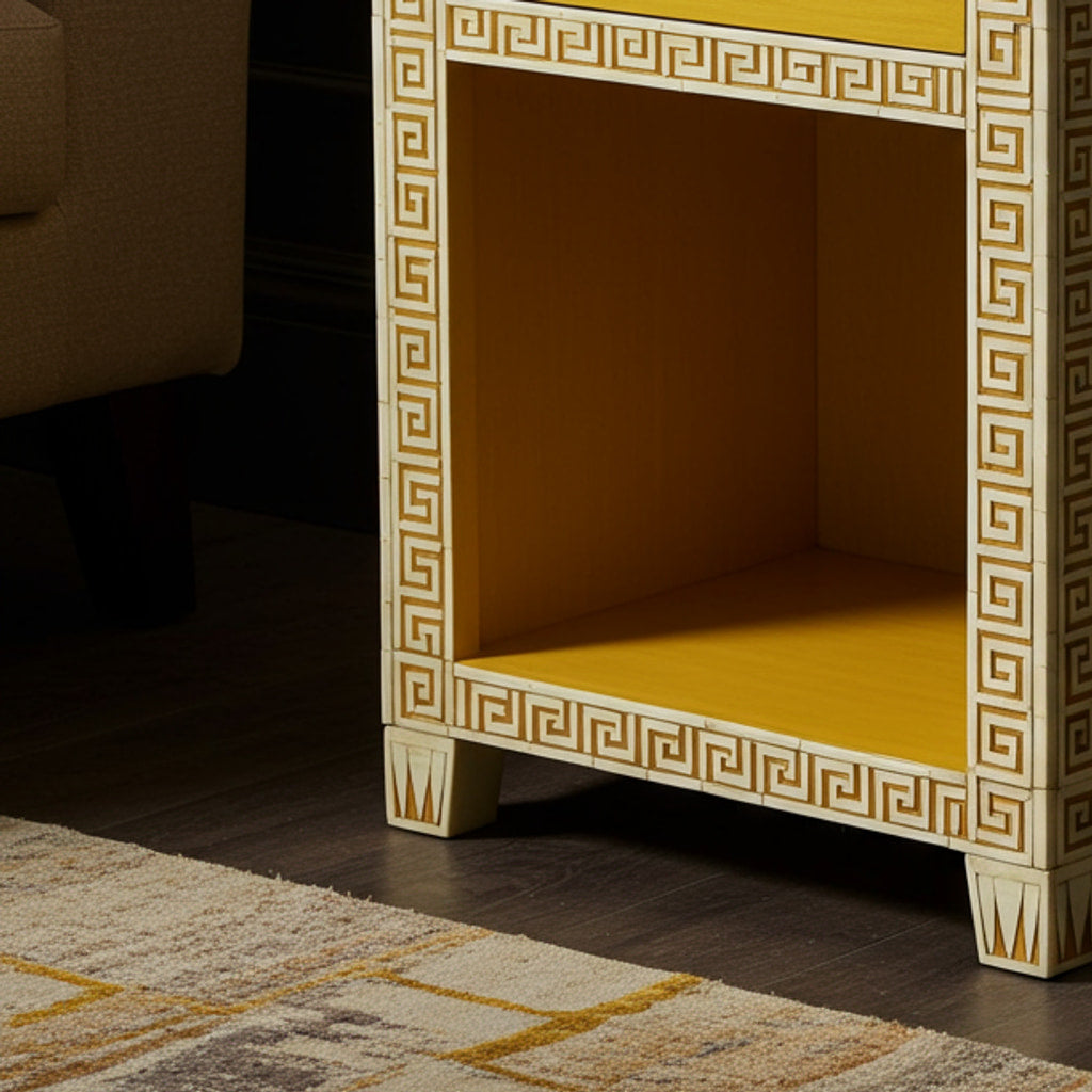 Yellow Wooden Side Table with Drawer and Greek Key Pattern | Luxury Handmade Bedside Table
