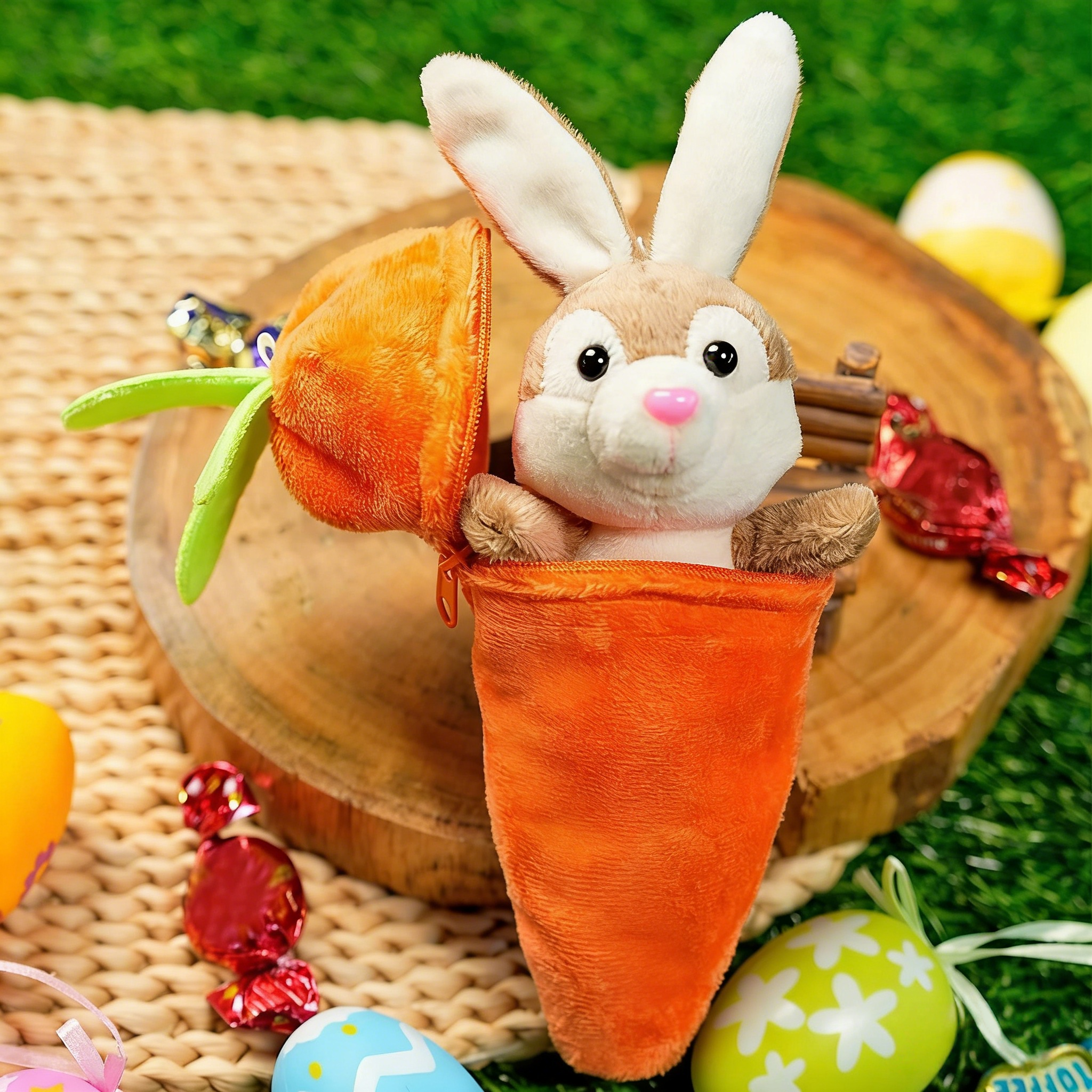 Personalized Little Bunny Hiding in A Zip-Up Carrot 100% Cotton Stuffed Plush Toy with Name and Keychain Easter Basket Stuffers Birthday Gift for Kids