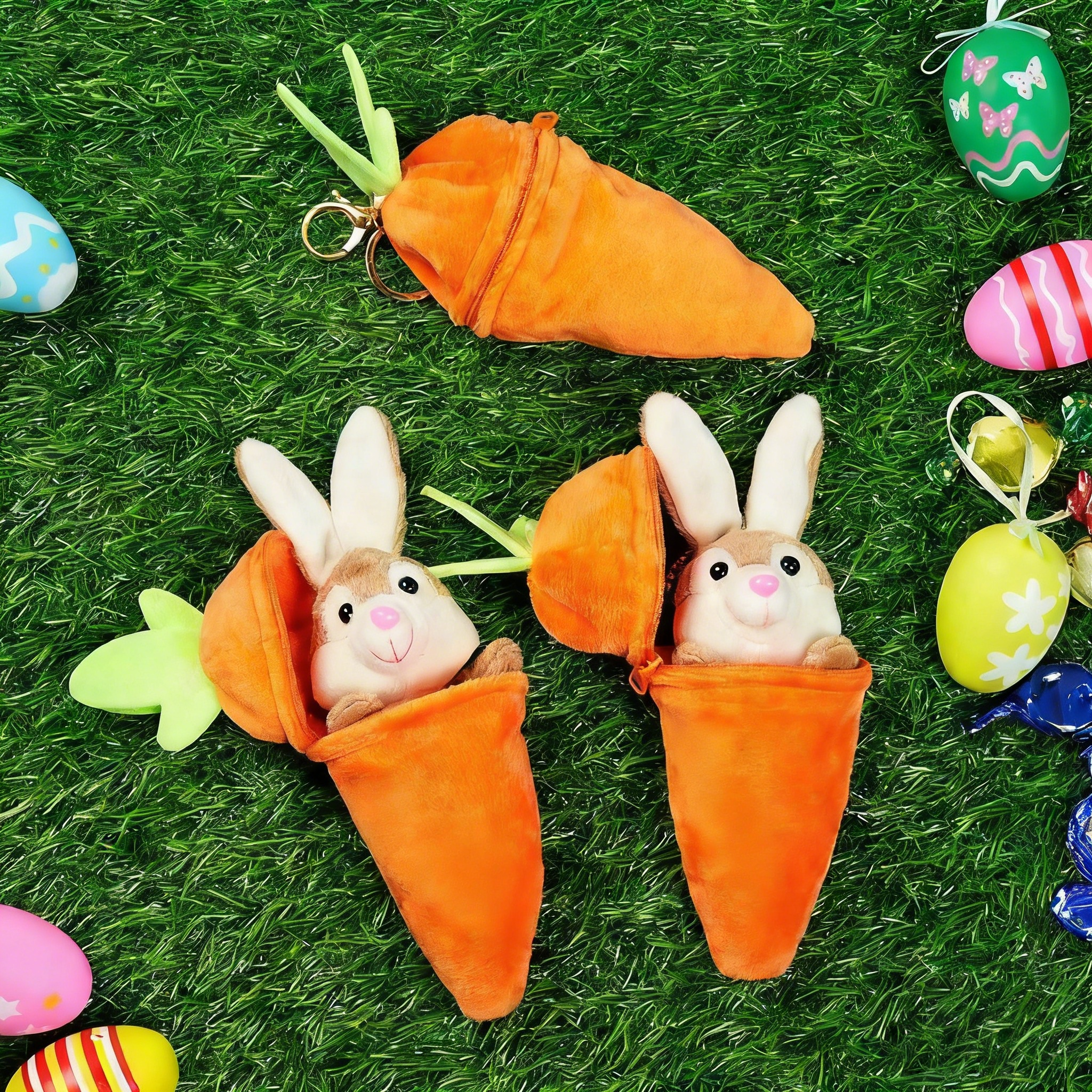 Personalized Little Bunny Hiding in A Zip-Up Carrot 100% Cotton Stuffed Plush Toy with Name and Keychain Easter Basket Stuffers Birthday Gift for Kids