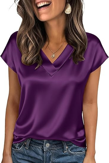 Women's Satin V-Neck Short Sleeve Shirts, Solid Color Basic Lightweigh