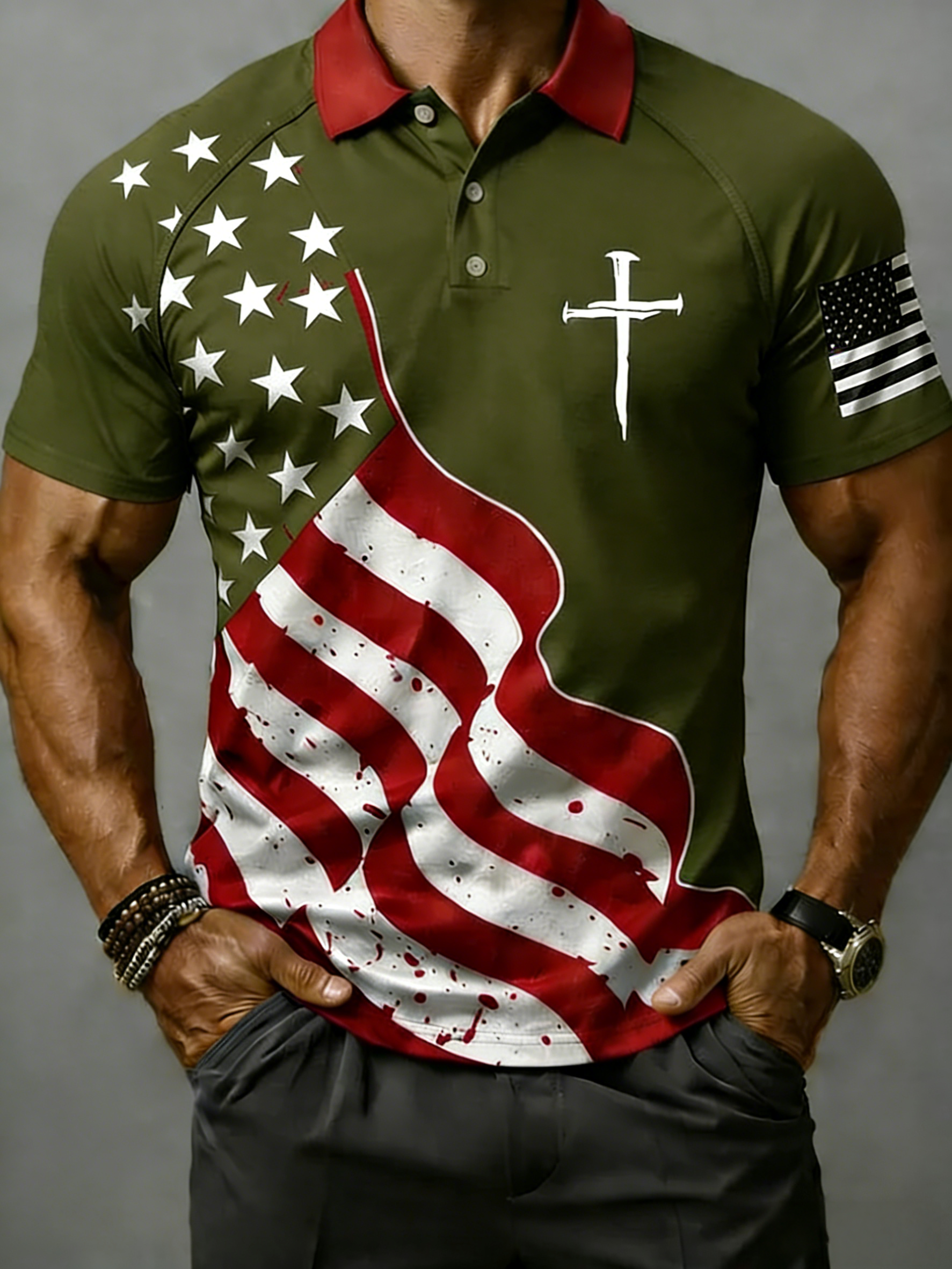 🎖️Men's Retro Faith Cross Print Casual Polo Shirt