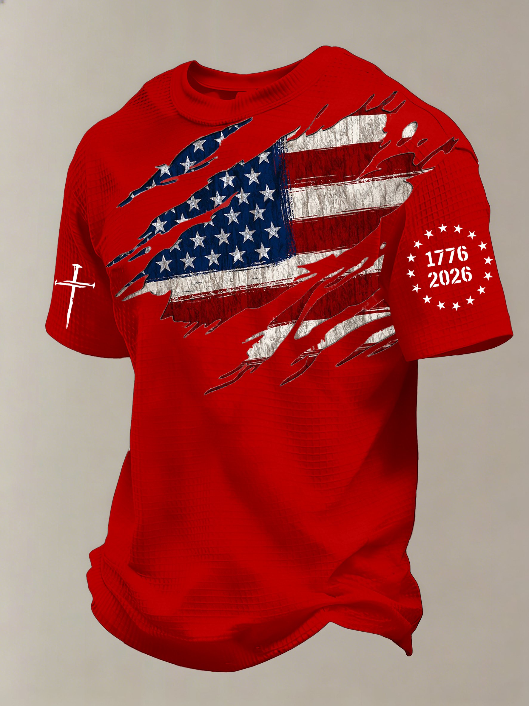 Men'S 250th Anniversary National Flag Print Waffle-Knit Fabric T-Shirt