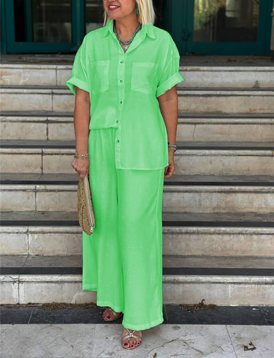 NEW🔥Women's Cream Embossed Pattern Shirt Wide Leg Suit