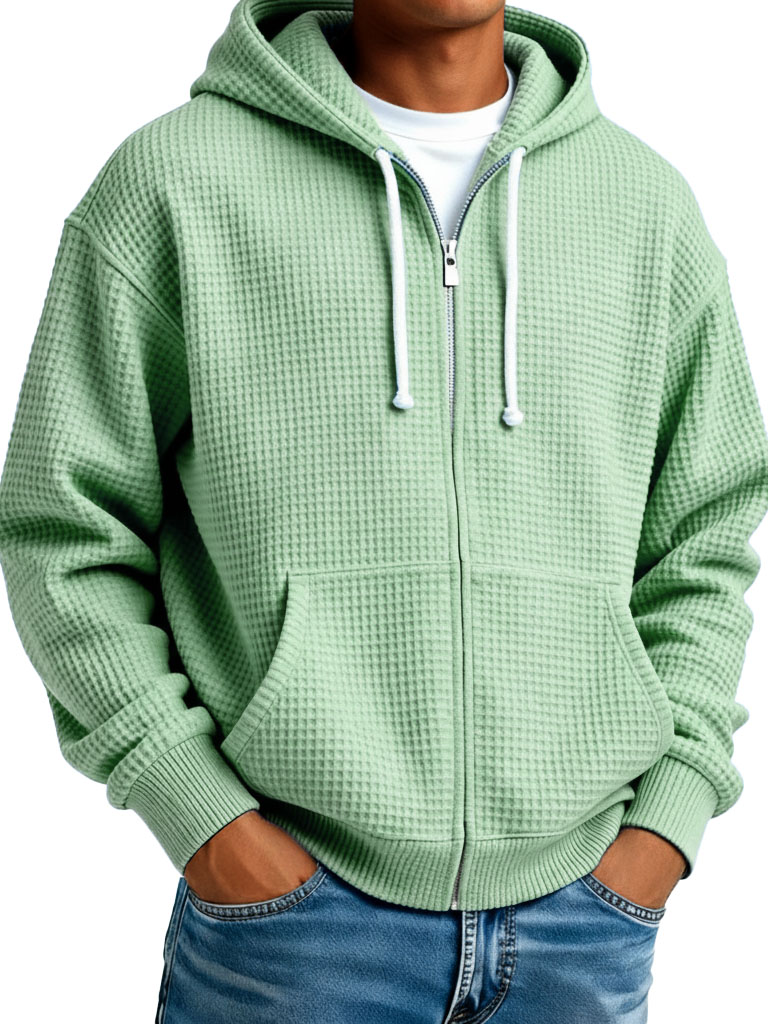 Men's Wear Fashionable Casual Waffle Fabric Zipper Hooded Pockets Loose Coat 