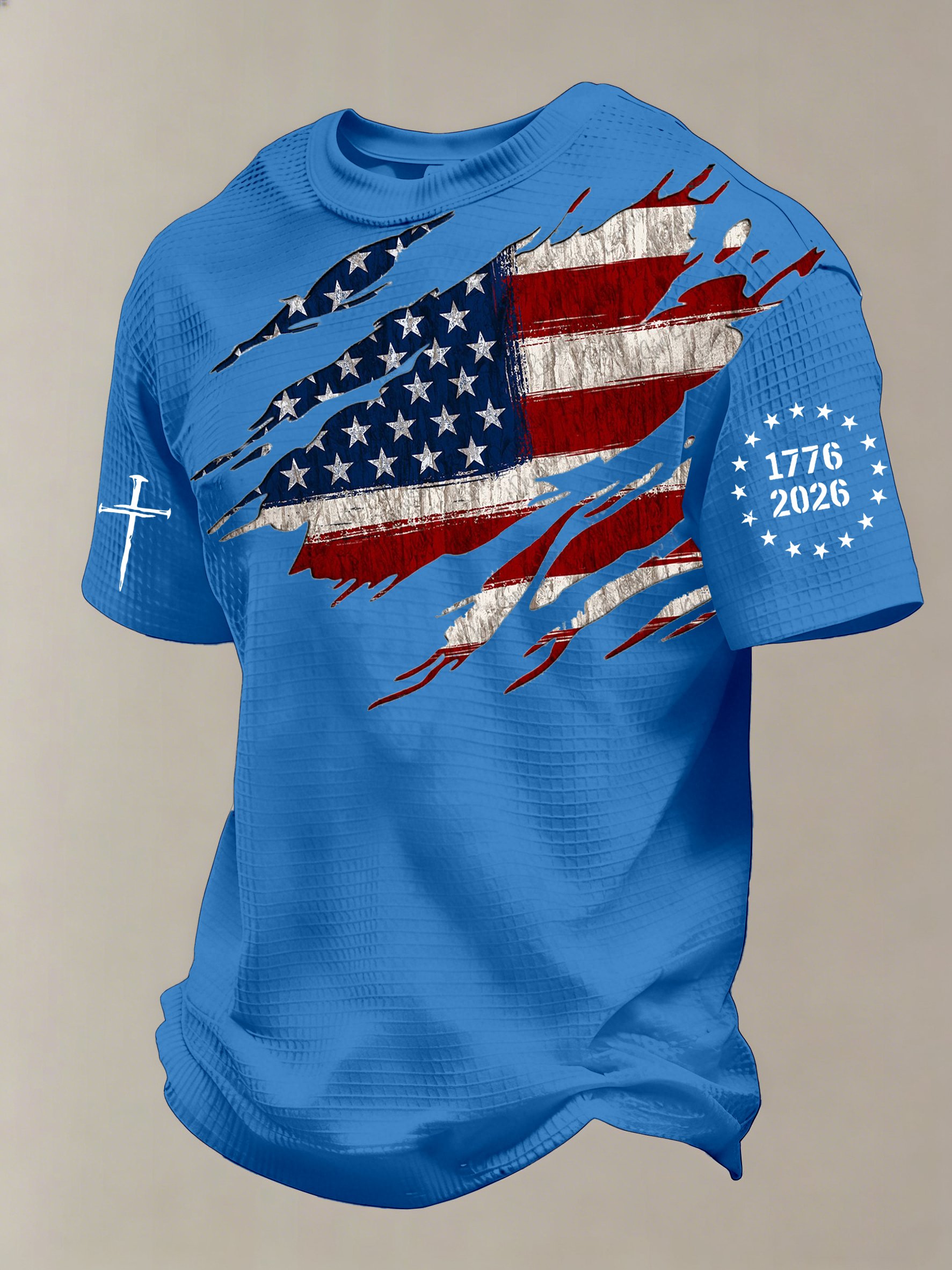 Men'S 250th Anniversary National Flag Print Waffle-Knit Fabric T-Shirt