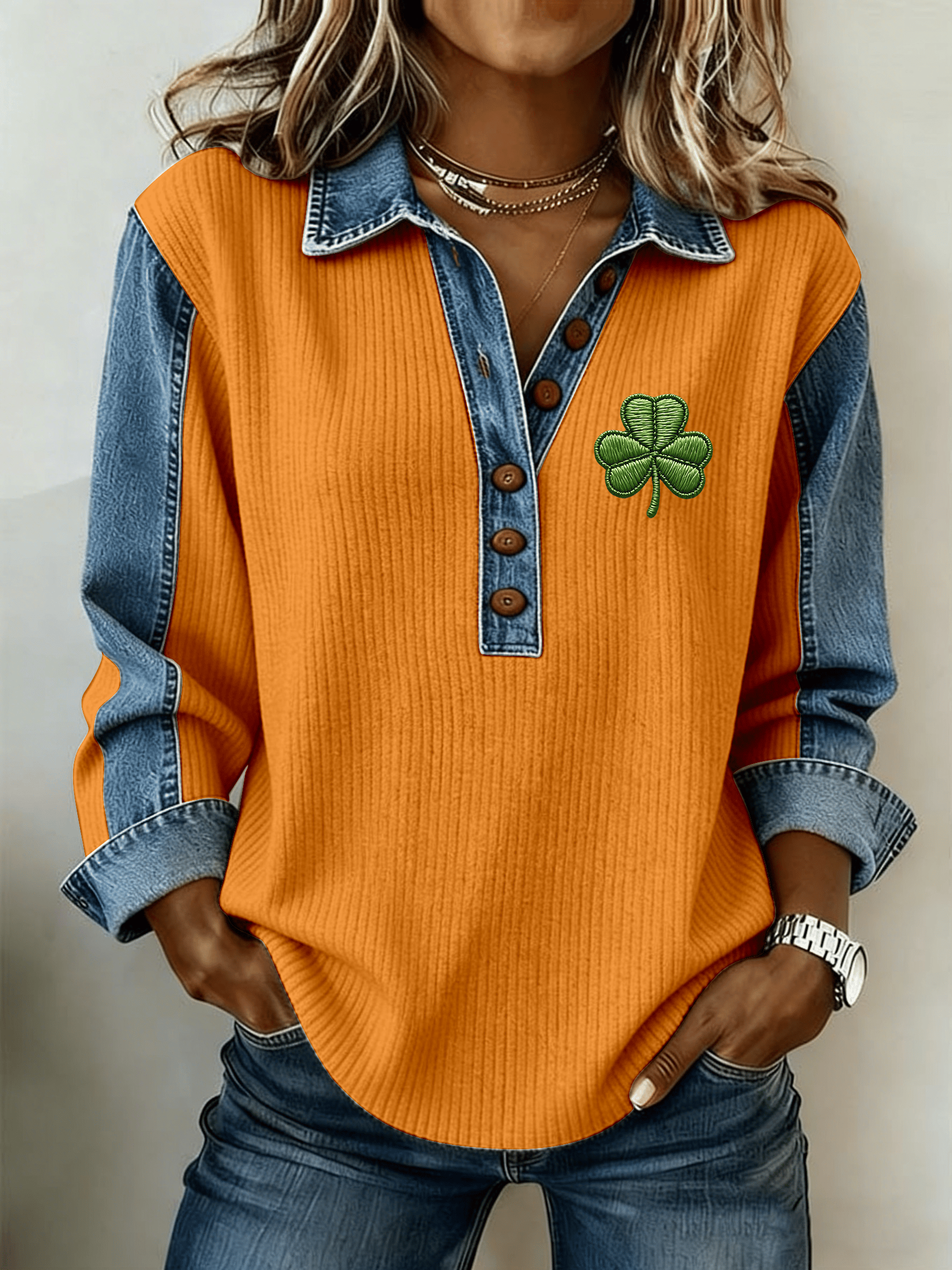 Women's St. Patrick's Day Printed Collar Button-Down Knit Top