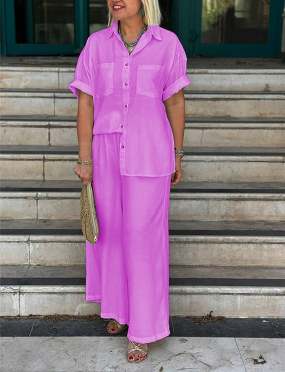 NEW🔥Women's Cream Embossed Pattern Shirt Wide Leg Suit