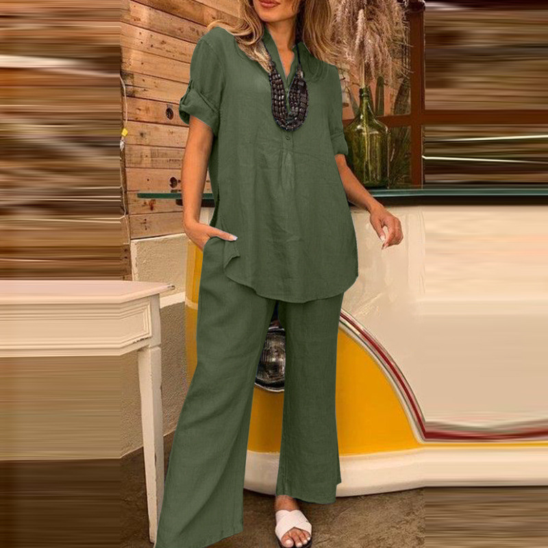 Women'S Solid Color Short-Sleeved V-Neck Top And Cotton And Linen Straight Wide-Leg Pants Two-Piece Set
