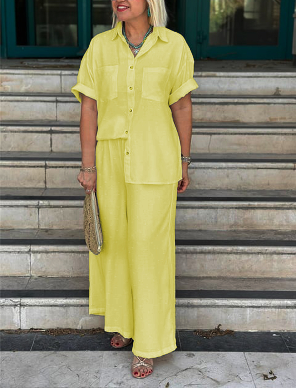 NEW🔥Women's Cream Embossed Pattern Shirt Wide Leg Suit