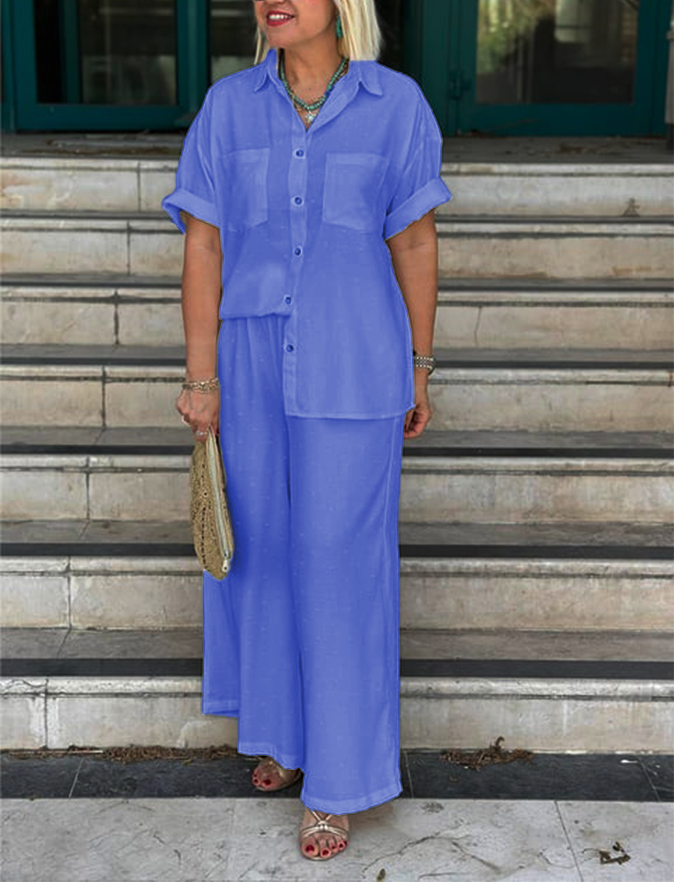 NEW🔥Women's Cream Embossed Pattern Shirt Wide Leg Suit