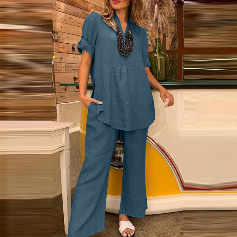 Women'S Solid Color Short-Sleeved V-Neck Top And Cotton And Linen Straight Wide-Leg Pants Two-Piece Set