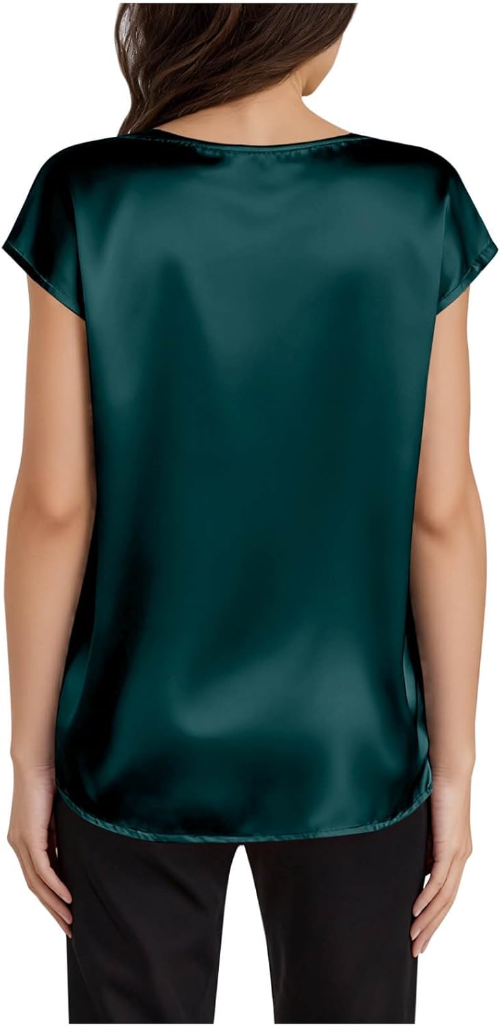 Women's Satin V-Neck Short Sleeve Shirts, Solid Color Basic Lightweight Loose Tunic Tops Office Casual Blouse