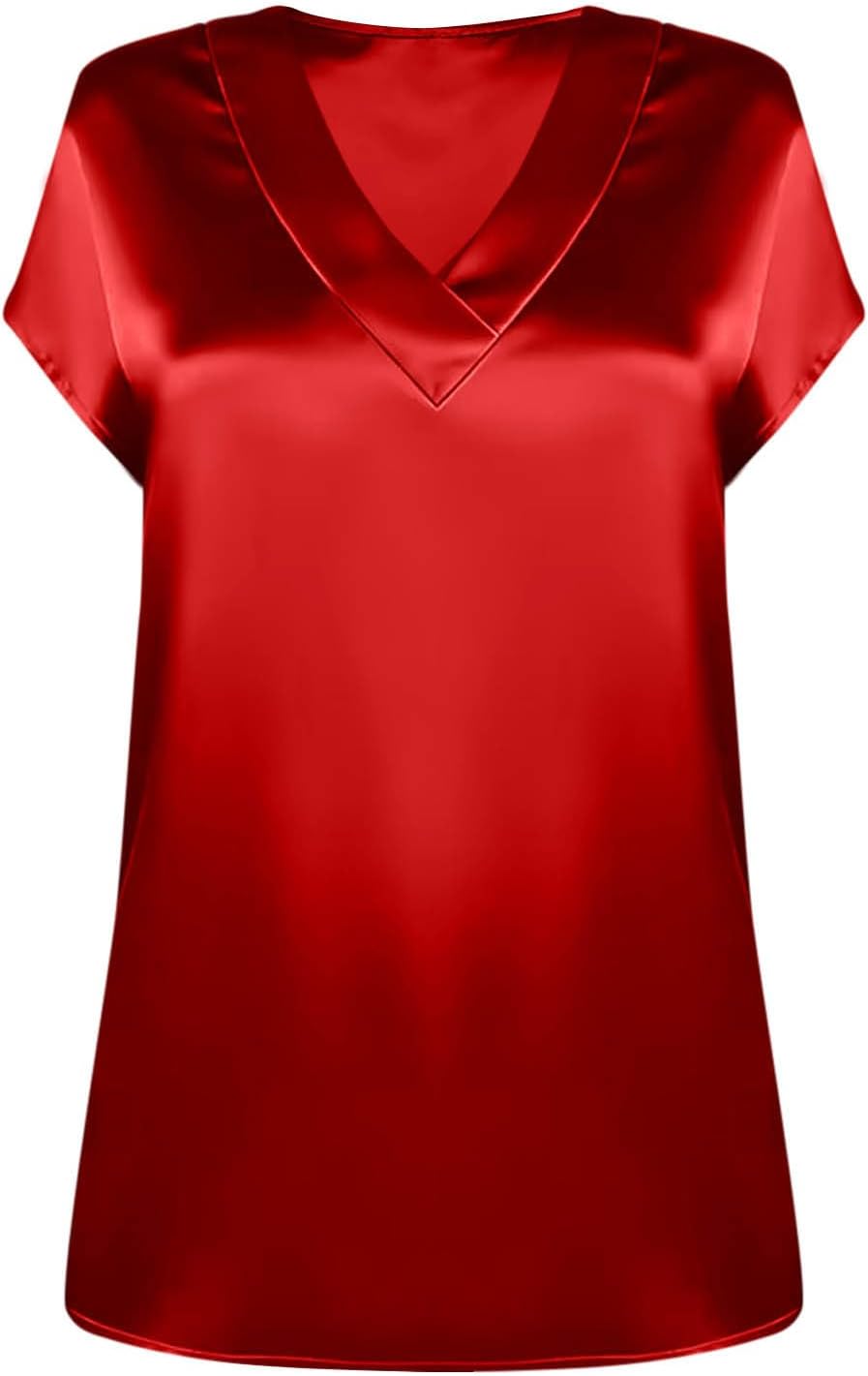 Women's Satin V-Neck Short Sleeve Shirts, Solid Color Basic Lightweight Loose Tunic Tops Office Casual Blouse