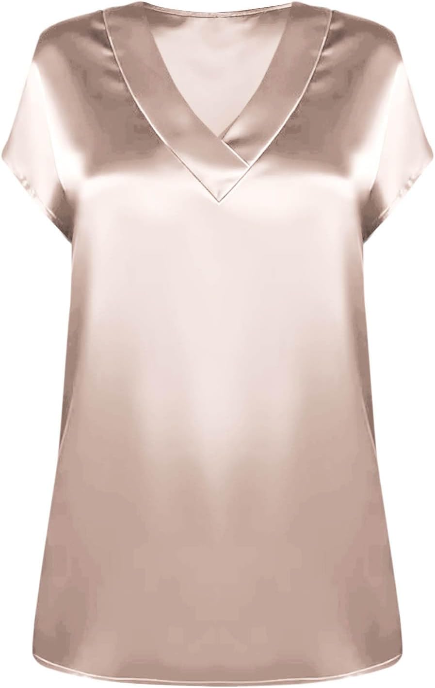 Women's Satin V-Neck Short Sleeve Shirts, Solid Color Basic Lightweight Loose Tunic Tops Office Casual Blouse