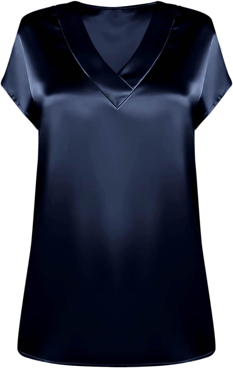 Women's Satin V-Neck Short Sleeve Shirts, Solid Color Basic Lightweight Loose Tunic Tops Office Casual Blouse