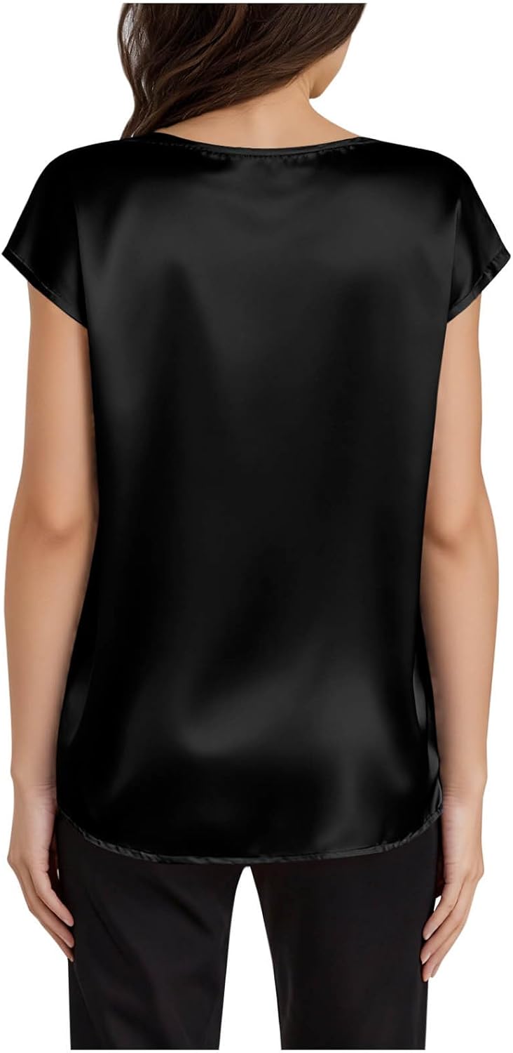 Women's Satin V-Neck Short Sleeve Shirts, Solid Color Basic Lightweight Loose Tunic Tops Office Casual Blouse