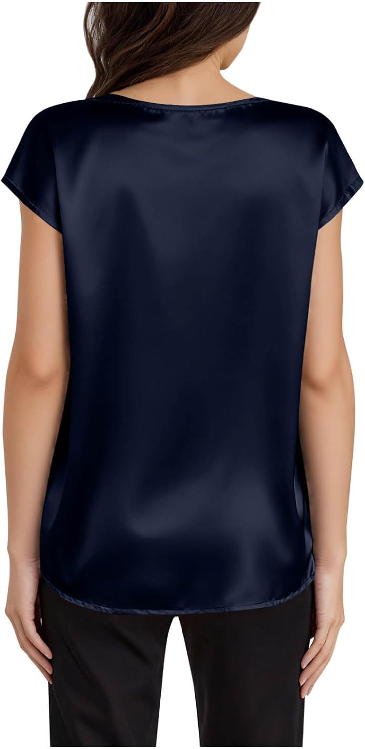 Women's Satin V-Neck Short Sleeve Shirts, Solid Color Basic Lightweight Loose Tunic Tops Office Casual Blouse