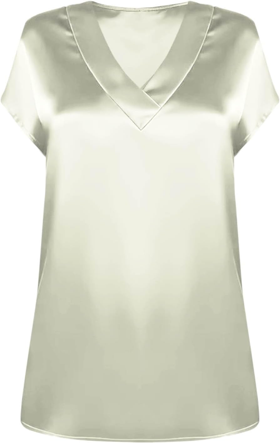Women's Satin V-Neck Short Sleeve Shirts, Solid Color Basic Lightweight Loose Tunic Tops Office Casual Blouse