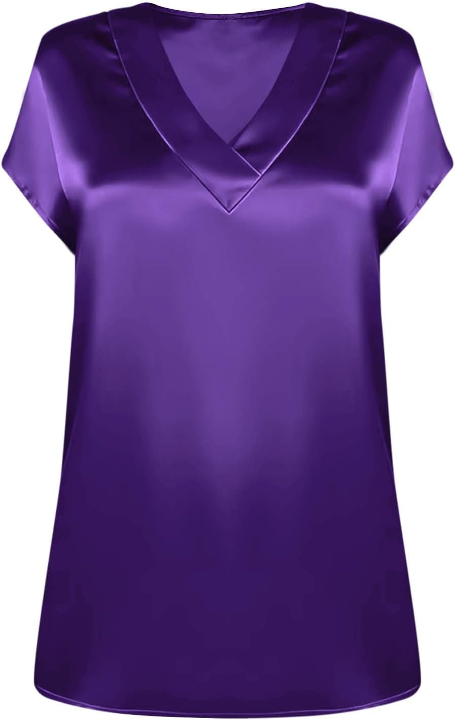 Women's Satin V-Neck Short Sleeve Shirts, Solid Color Basic Lightweight Loose Tunic Tops Office Casual Blouse