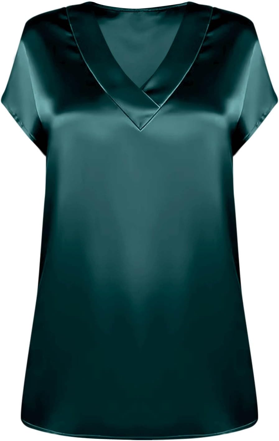 Women's Satin V-Neck Short Sleeve Shirts, Solid Color Basic Lightweight Loose Tunic Tops Office Casual Blouse
