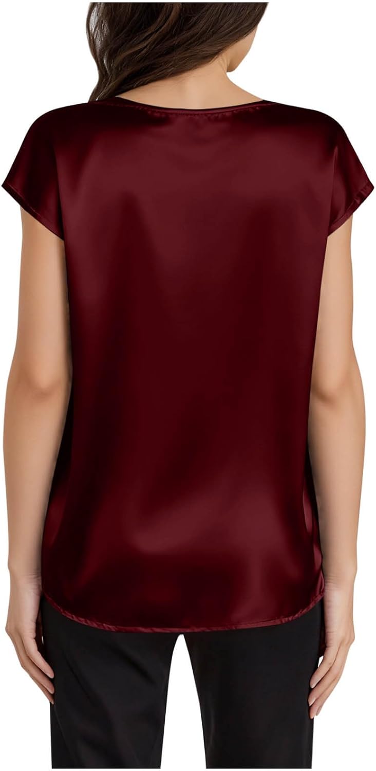 Women's Satin V-Neck Short Sleeve Shirts, Solid Color Basic Lightweight Loose Tunic Tops Office Casual Blouse