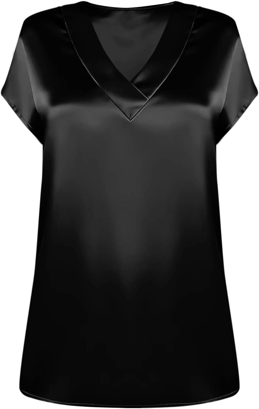 Women's Satin V-Neck Short Sleeve Shirts, Solid Color Basic Lightweight Loose Tunic Tops Office Casual Blouse