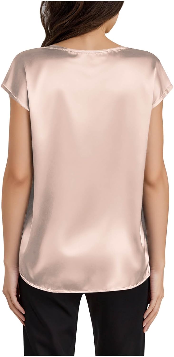 Women's Satin V-Neck Short Sleeve Shirts, Solid Color Basic Lightweight Loose Tunic Tops Office Casual Blouse