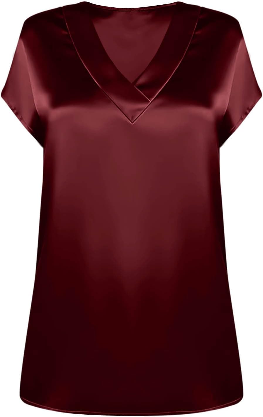 Women's Satin V-Neck Short Sleeve Shirts, Solid Color Basic Lightweight Loose Tunic Tops Office Casual Blouse