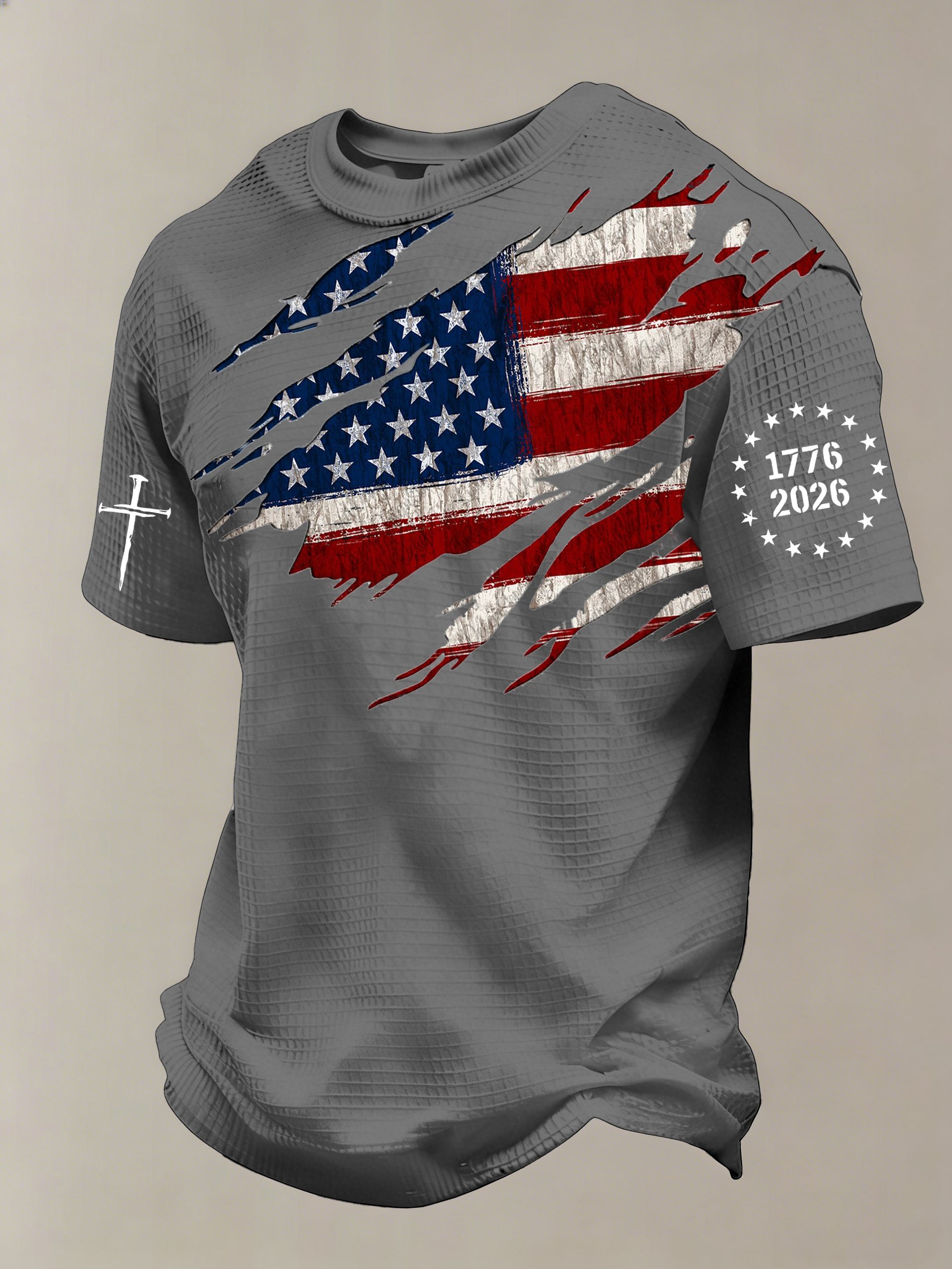 Men'S 250th Anniversary National Flag Print Waffle-Knit Fabric T-Shirt