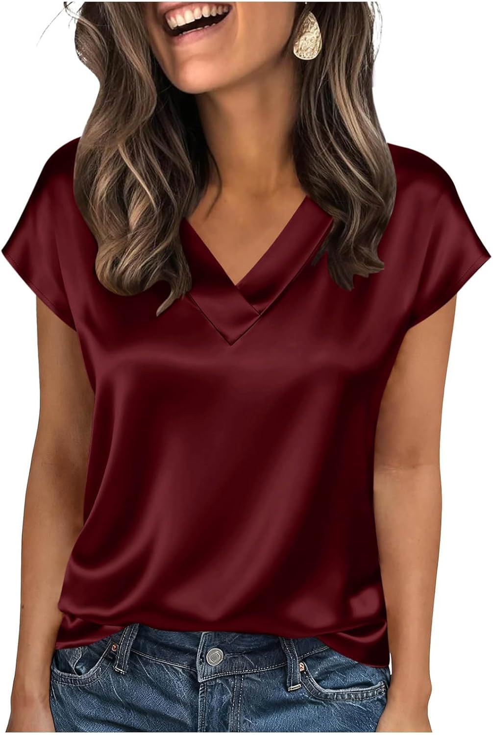 Women's Satin V-Neck Short Sleeve Shirts, Solid Color Basic Lightweight Loose Tunic Tops Office Casual Blouse