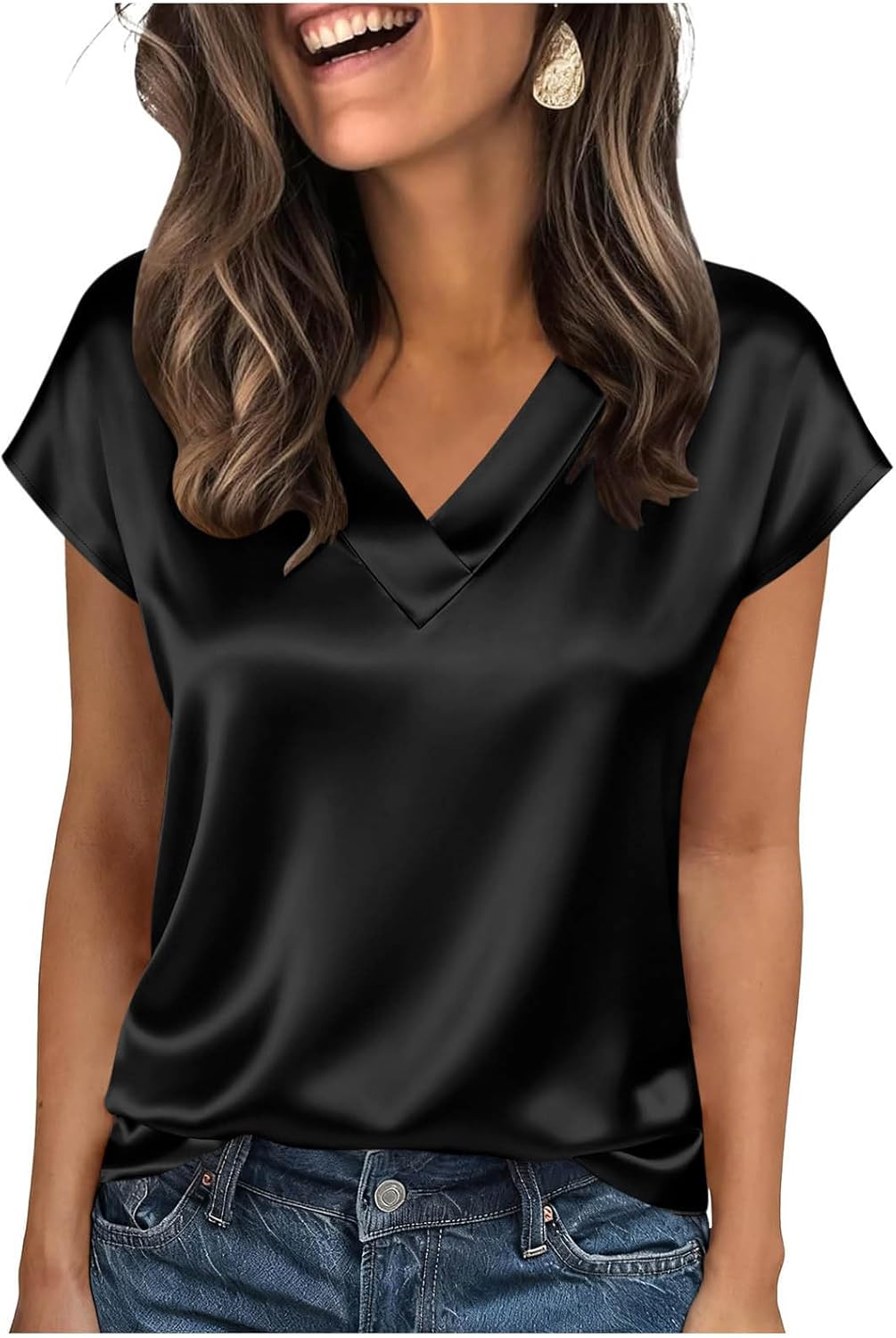 Women's Satin V-Neck Short Sleeve Shirts, Solid Color Basic Lightweight Loose Tunic Tops Office Casual Blouse