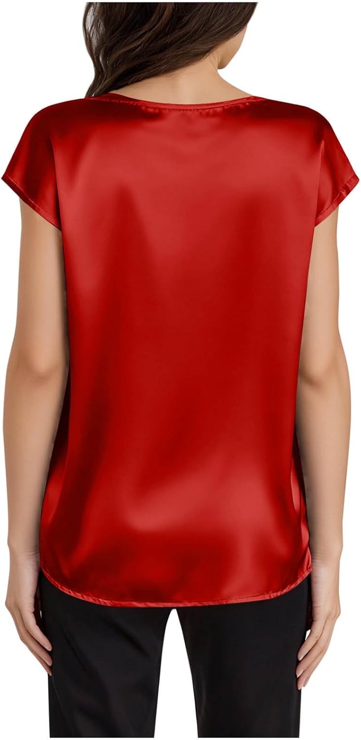Women's Satin V-Neck Short Sleeve Shirts, Solid Color Basic Lightweight Loose Tunic Tops Office Casual Blouse