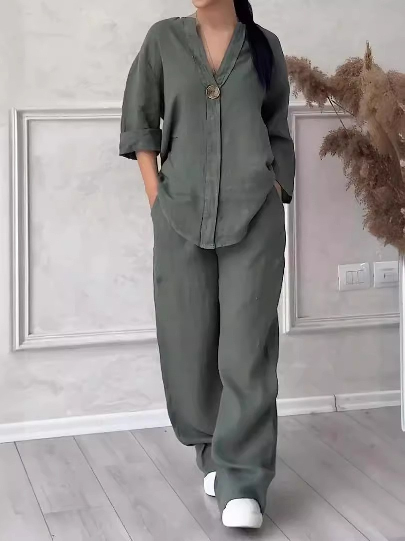 Women's Comfortable Loose Top Wide-Leg Pants Casual Cotton And Linen Suit