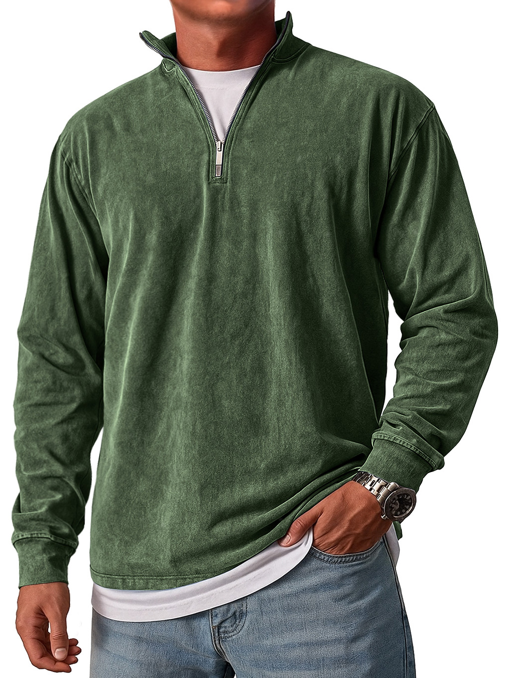 Men's Retro Stand Collar Zipper Casual Loose Solid Color Long Sleeve T-shirt