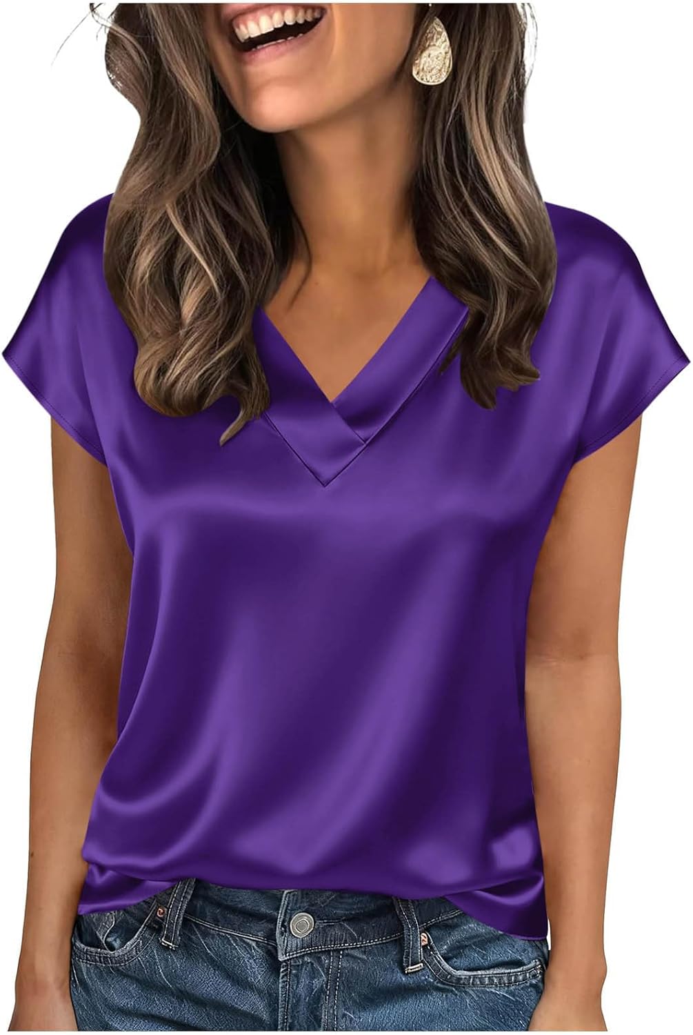 Women's Satin V-Neck Short Sleeve Shirts, Solid Color Basic Lightweight Loose Tunic Tops Office Casual Blouse