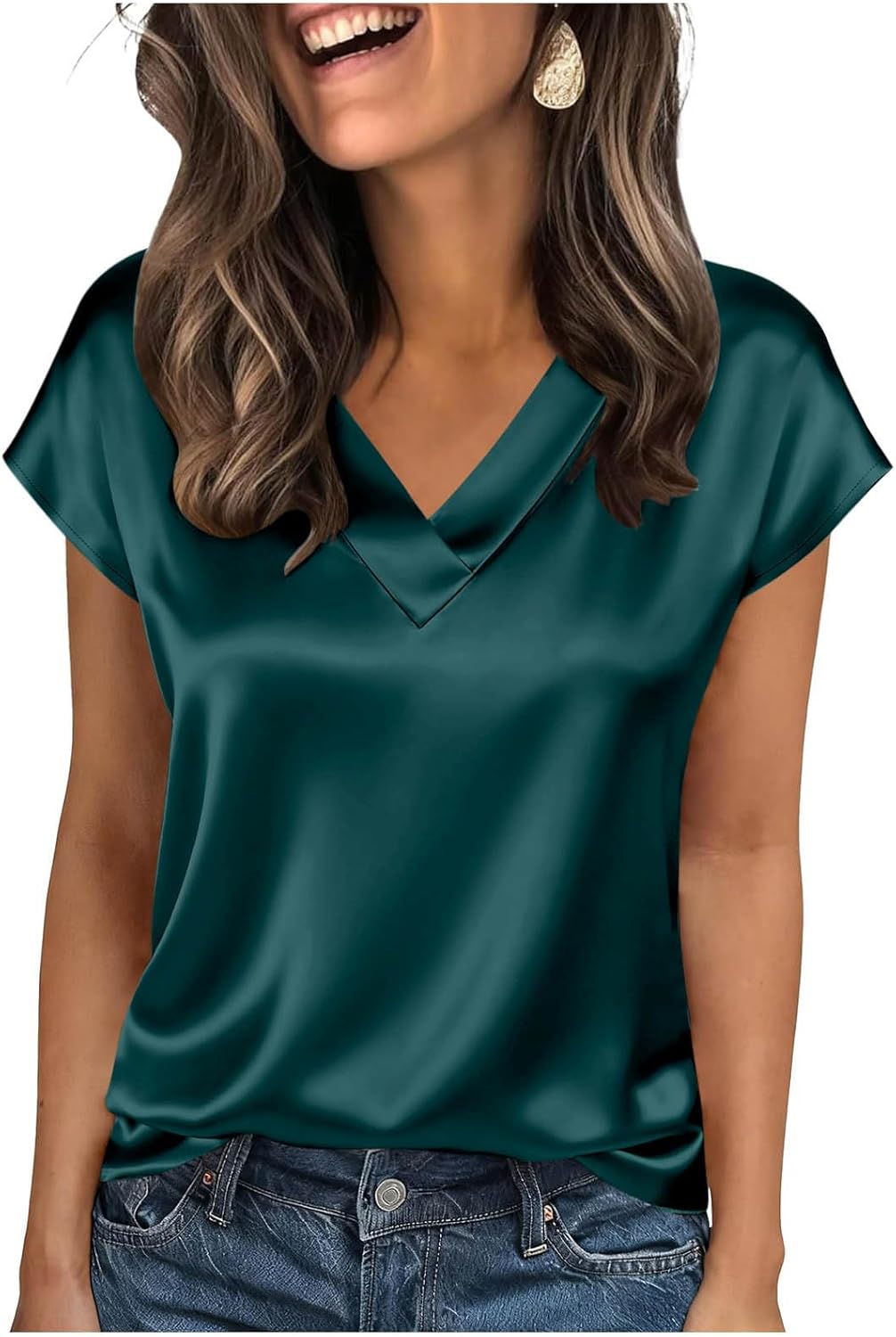 Women's Satin V-Neck Short Sleeve Shirts, Solid Color Basic Lightweight Loose Tunic Tops Office Casual Blouse
