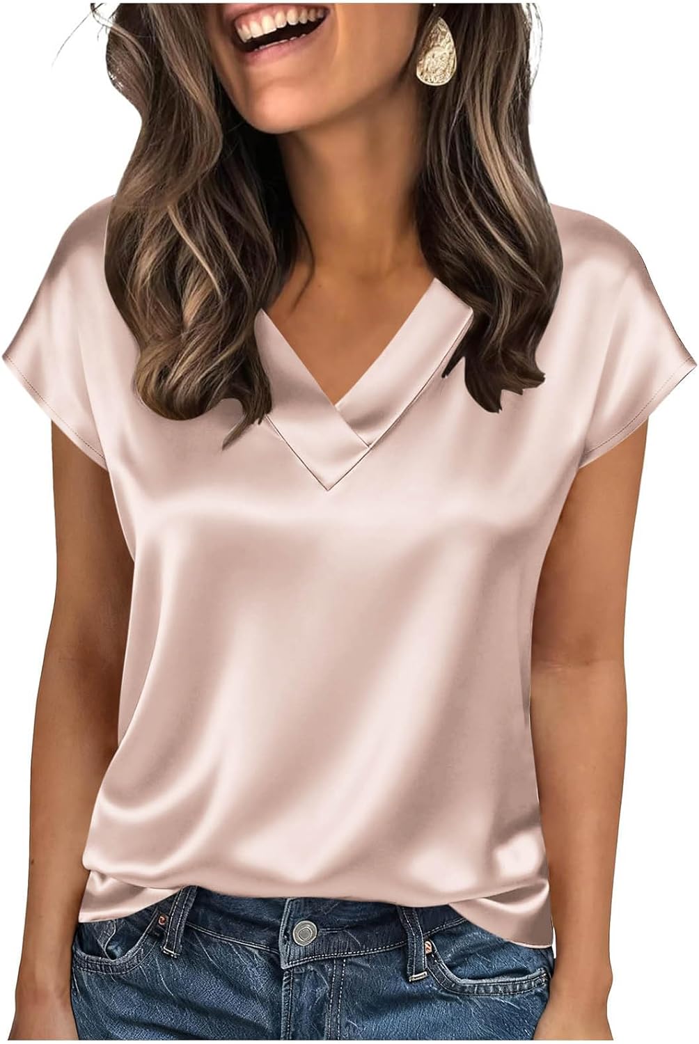 Women's Satin V-Neck Short Sleeve Shirts, Solid Color Basic Lightweight Loose Tunic Tops Office Casual Blouse